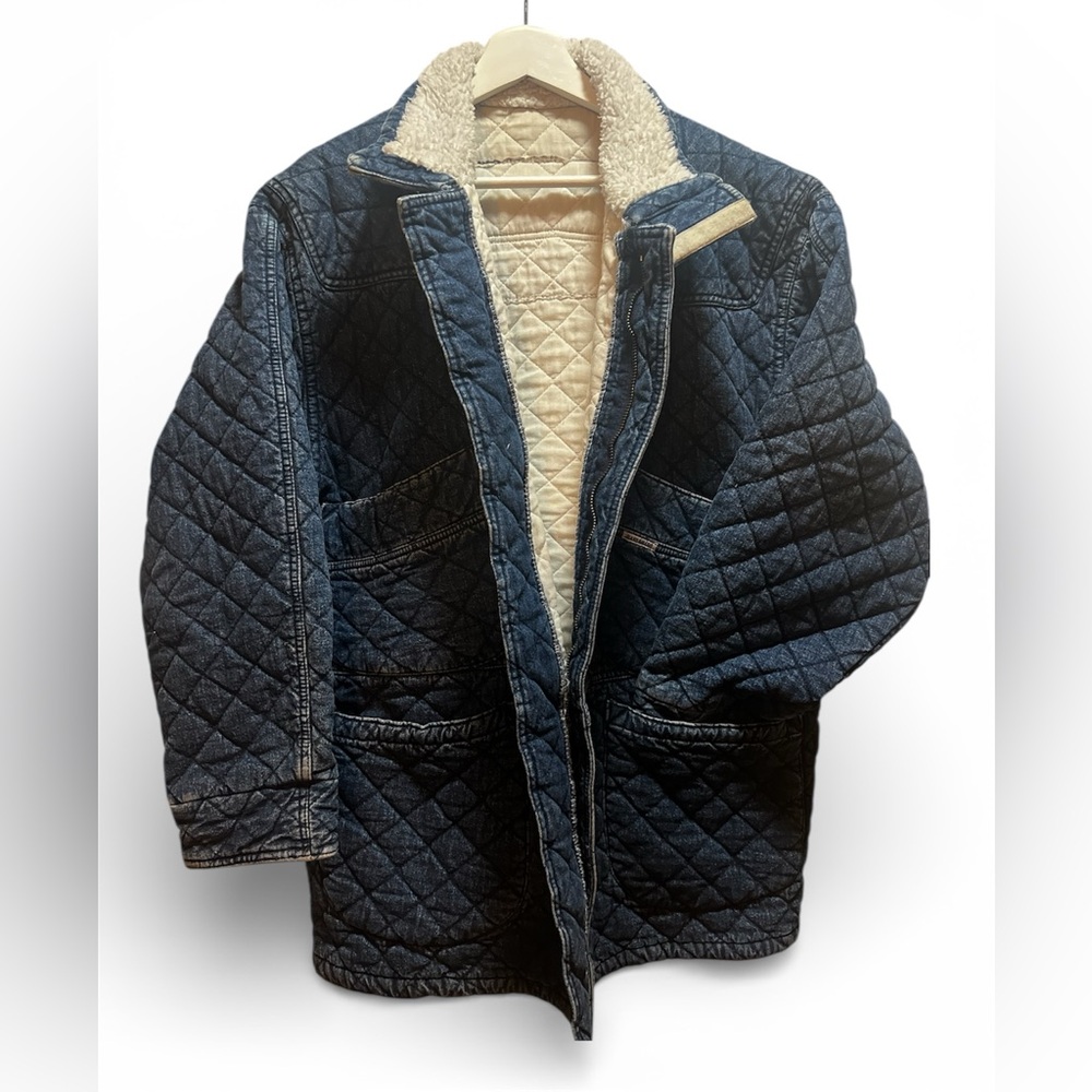 Vintage Quilted Denim Barn or Chore Jacket with Sherpa Collar